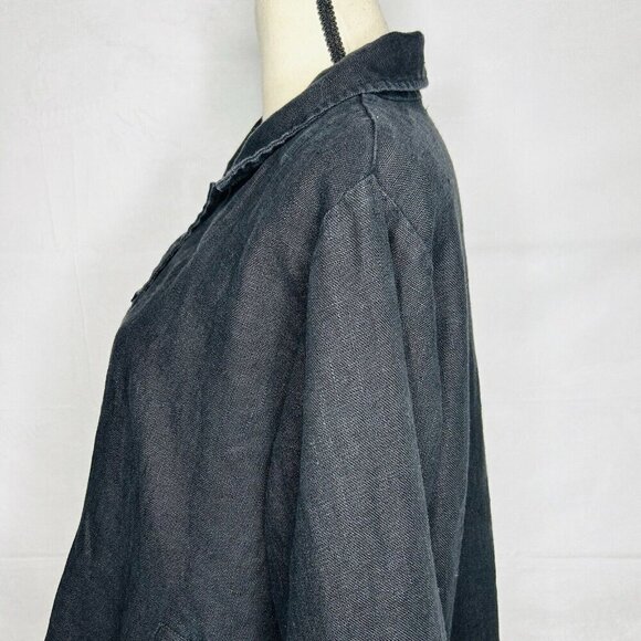 Flax 100% Black Linen Jacket Womens Sz M Button-Front Lagenlook Slash Pockets - Picture 5 of 6